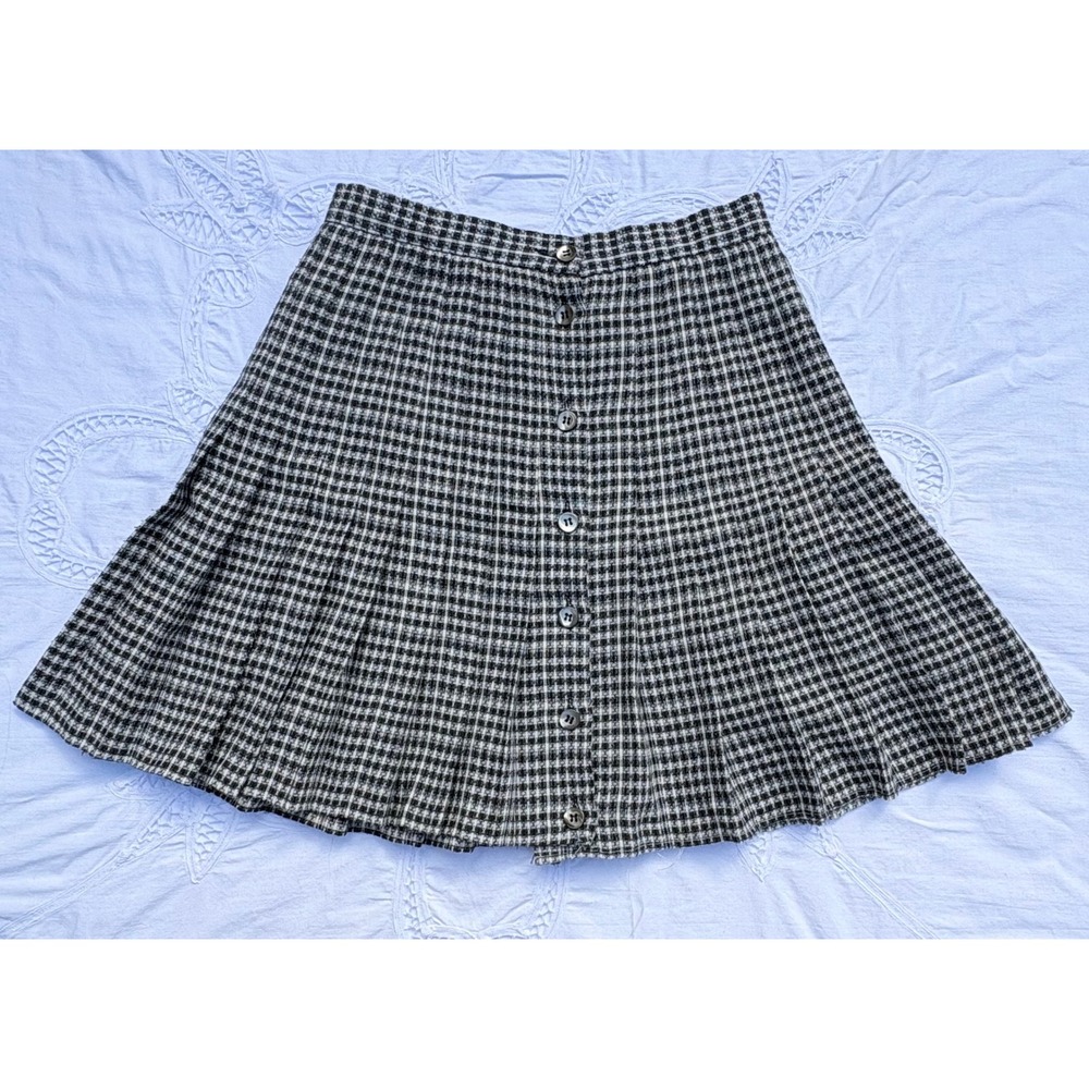 Vintage Plaid Pleated Mini Skirt Black White Button Front Liz Claiborne Size 6
